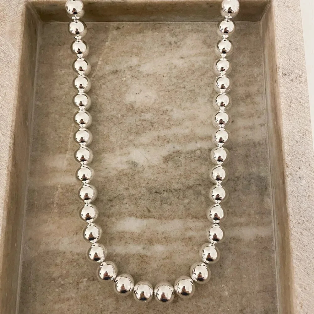 925 Sterling Silver Bead Necklace 10 MM Bead Necklace Ball Statement Necklace